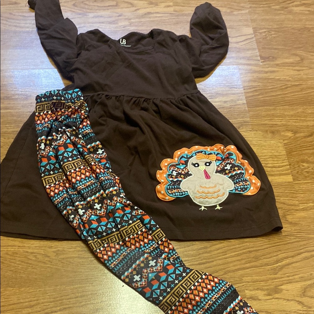 Brown Dress with Turkey Applique and Patterned Leggings